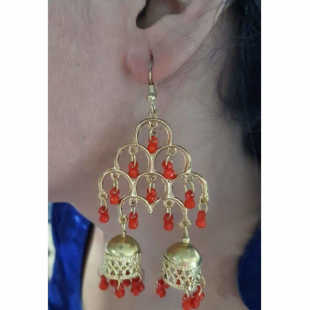 Gold Plated Fashion Traditional Double Jhumka Long Red Pearls Earrings