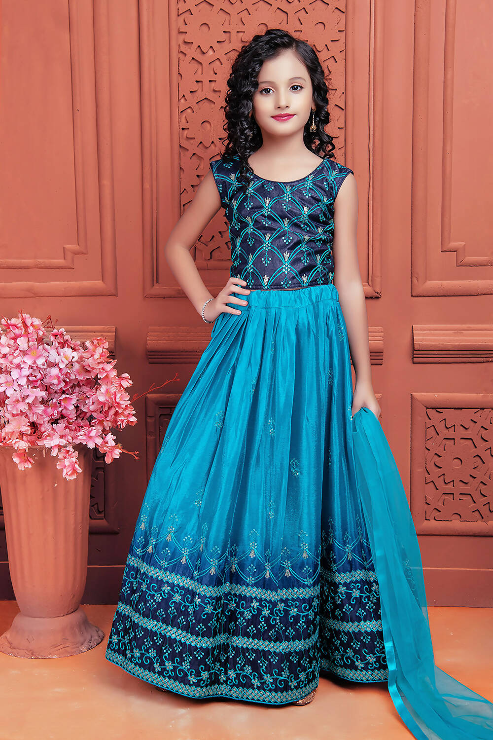 Kids Wedding Designer Sky Soft Chinon Silk Lehenga Choli - Aaradhna - Distacart