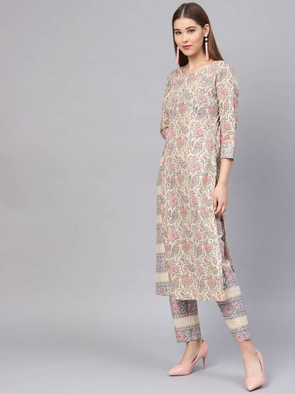 Yufta Women Beige & Grey Printed Kurta with Trouser
