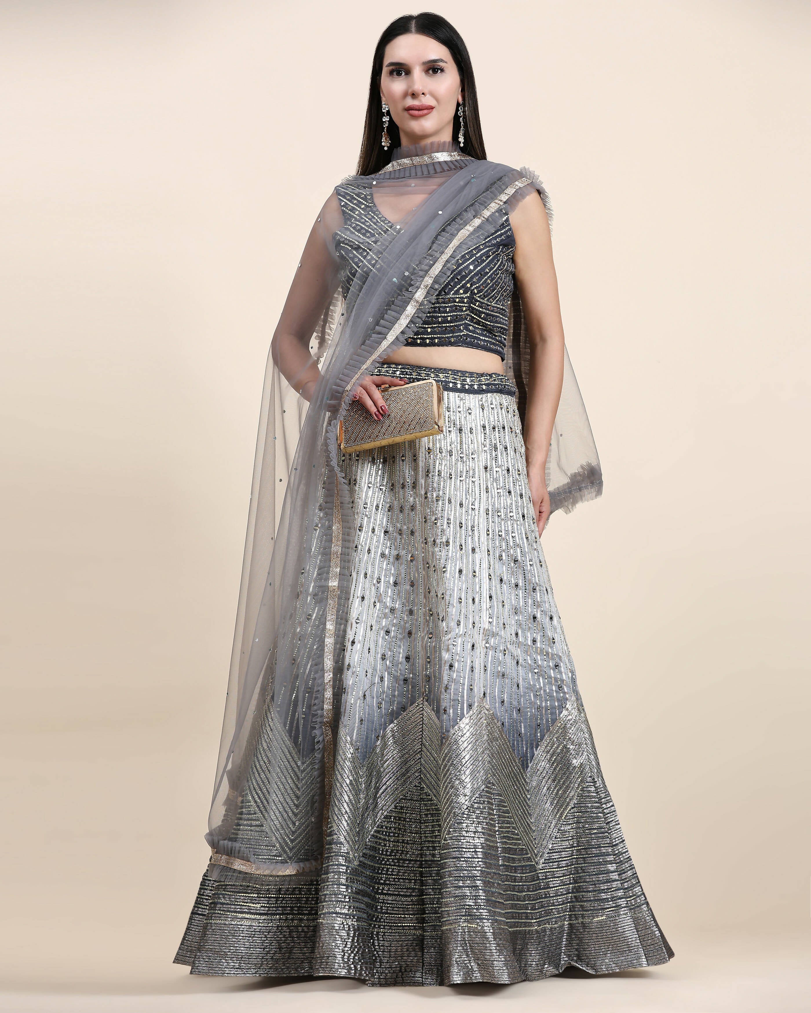 Grey Organza Mirror With Coding Work Lehenga Choli with Dupatta - Tanya - Distacart