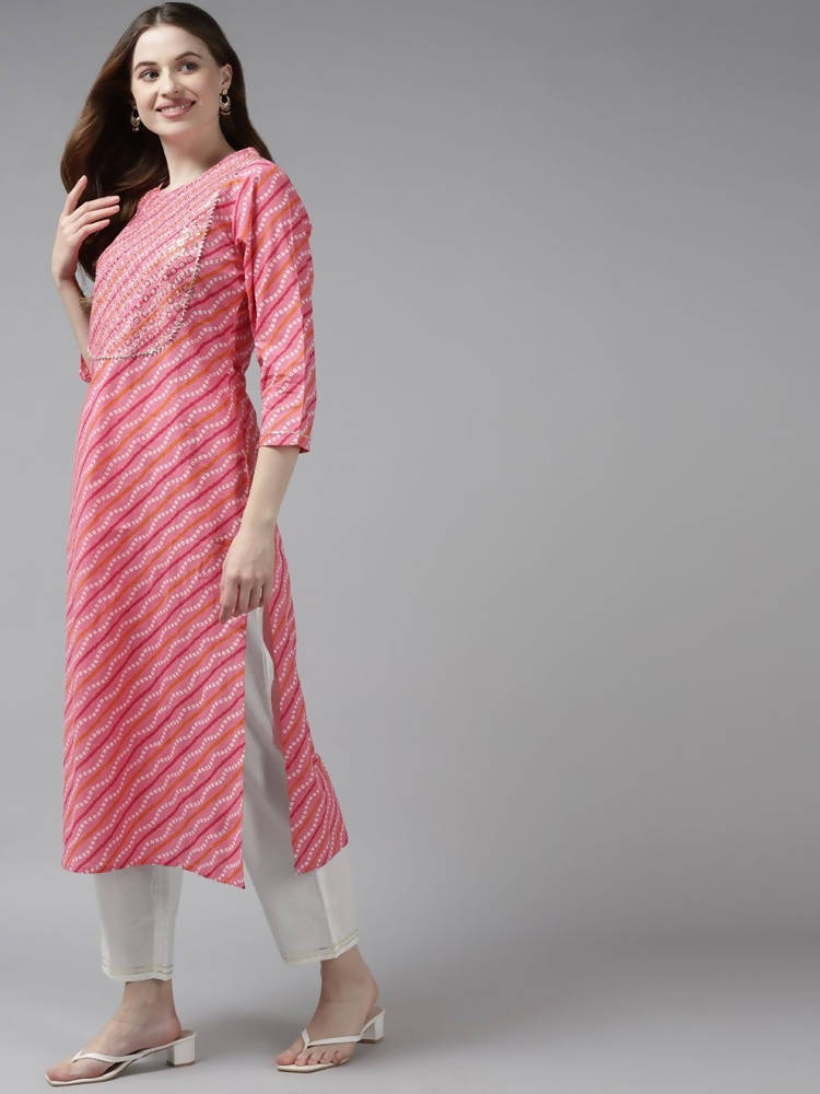 Yufta Women Pink Yoke Design Regular Sequined Pure Cotton Kurta with Palazzo and Dupatta