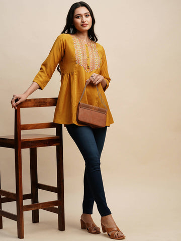 Mustard Chinon Embroidered Top - Tarini - Distacart