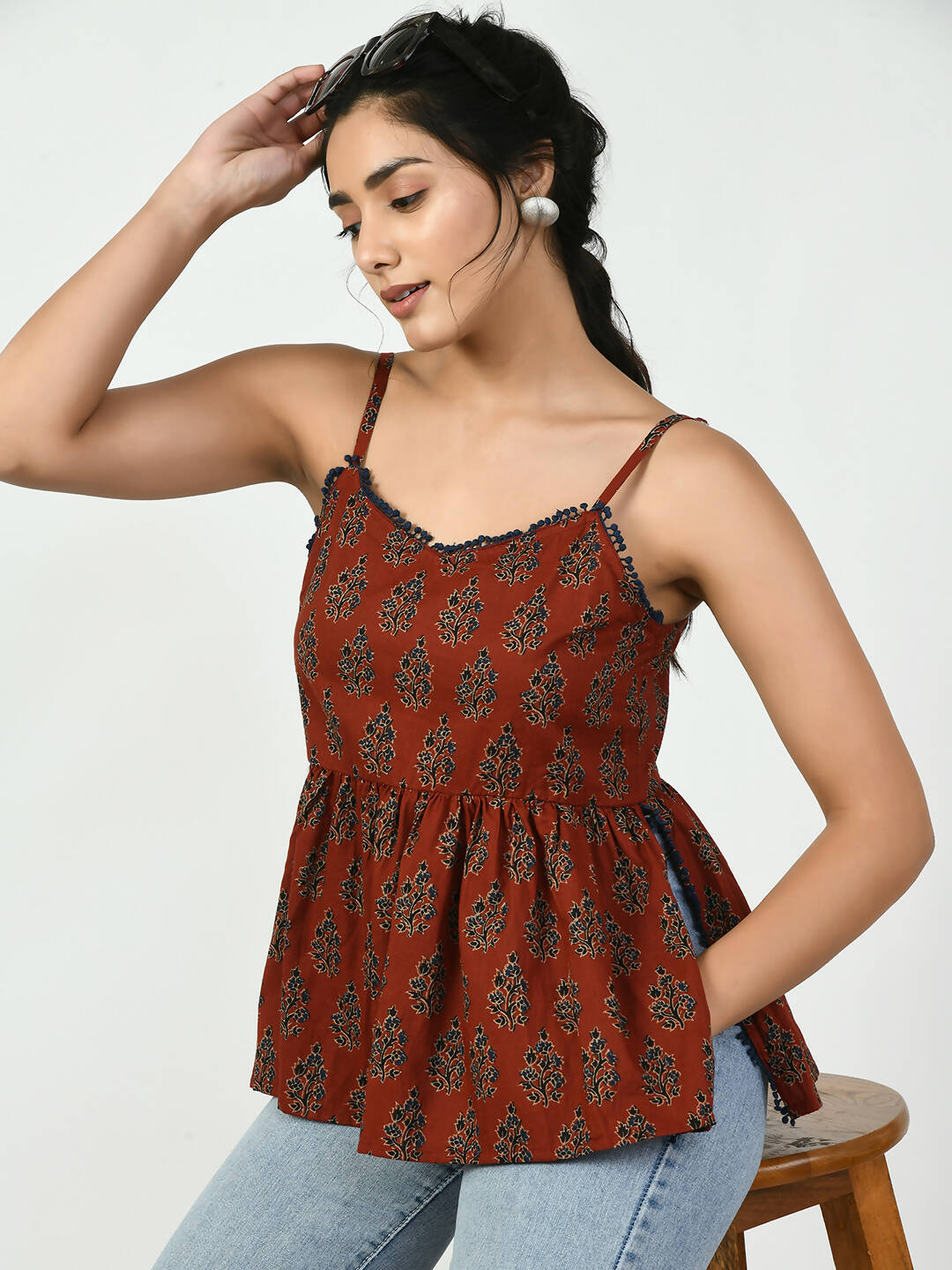 Myshka Women's Rust Ethnic Motifs Printed Top - Distacart