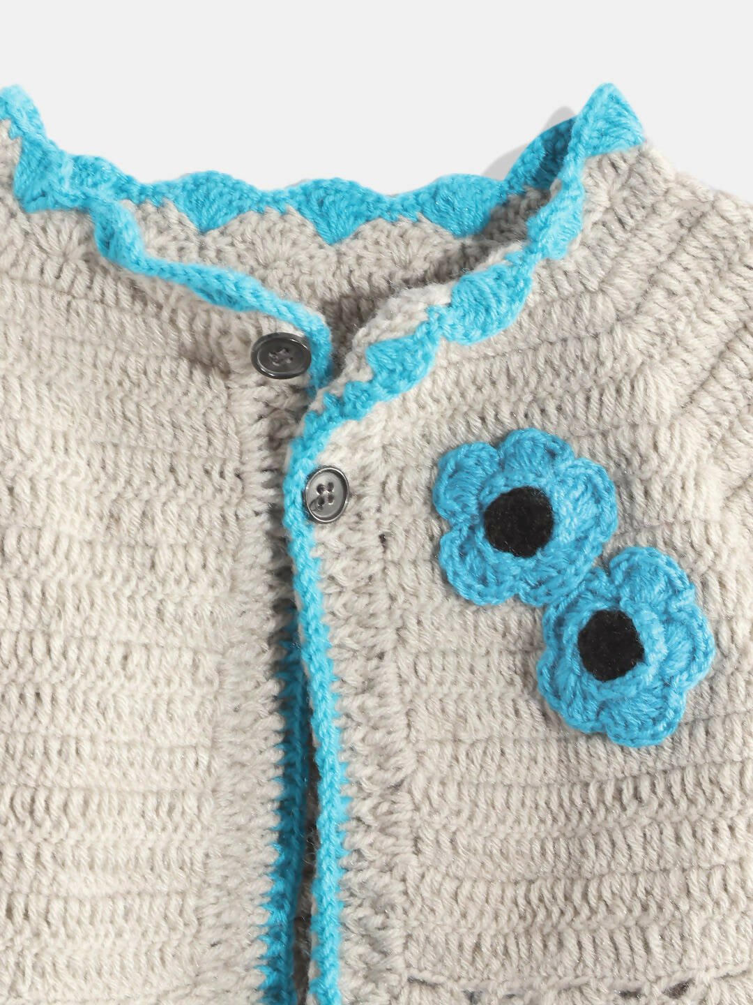 Chutput Kids Woollen Hand Knitted Full Sleeves Cardigan With Short Sleeves Flower Work Dress - Grey - Distacart