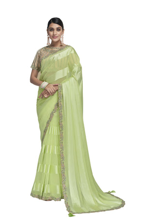 Light Green Georgette Stripe With Embroidery On Border Saree With Blouse Piece - Norita Avyaan - Distacart