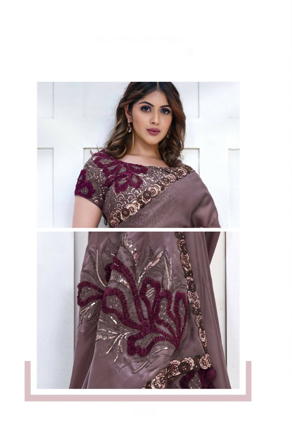 Purple Crepe satin silk Applique work with Cord, Sequence Embroidered & Stone Work Saree - Mohmanthan Majestica - Distacart