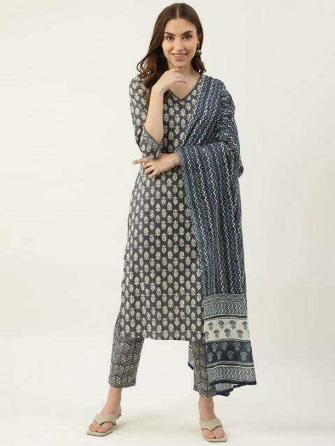 FIORRA Women's Grey Cotton Straight Kurta Pant With Dupatta - Distacart