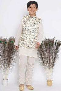 Thumbnail for Little Bansi Banarsi Silk Blue Floral Embroidery Jacket with Cotton Kantha kurta and Kantha Pyjama - Cream - Distacart