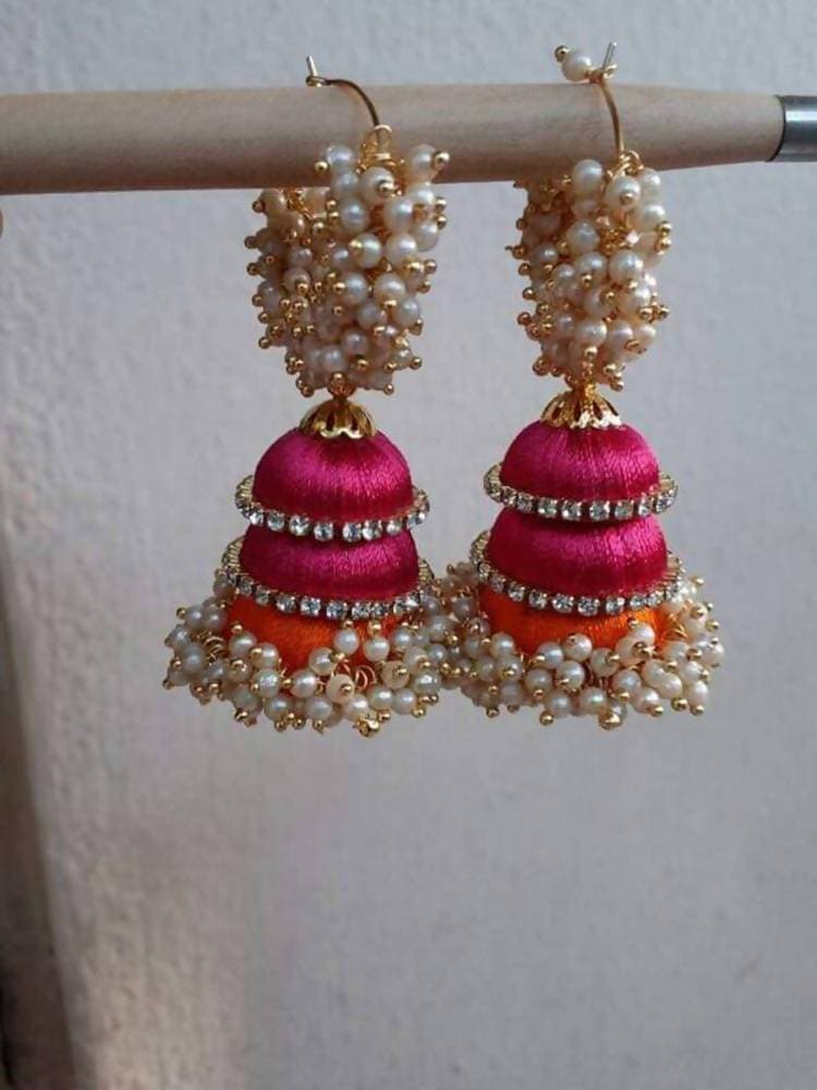 Pink & Orange Pearl Silk Threaded Jumka Set