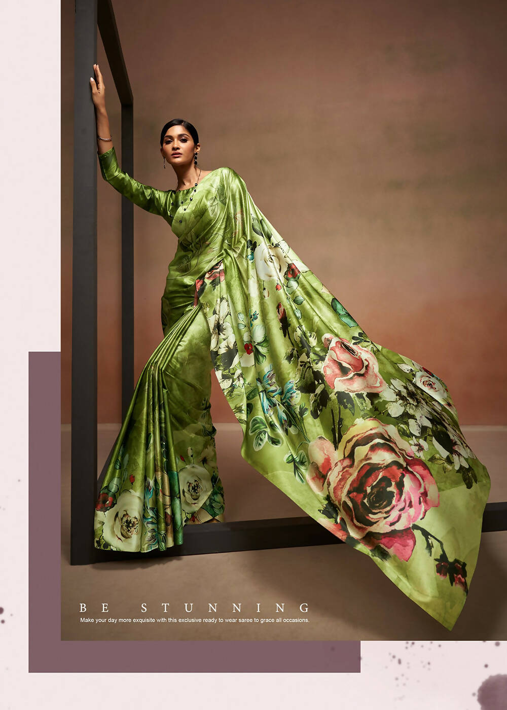 Green Satin Digital Printed Saree with Unstitched Blouse Piece - Jodha - Distacart