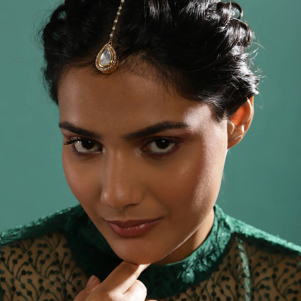 Gold-Plated White Kundan-Studded Pearl Beaded Maang Tikka - Ruby Raang - Distacart