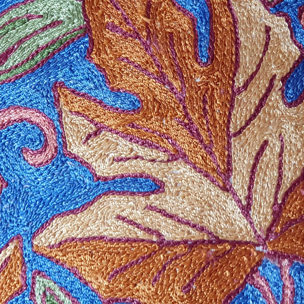 The Decor Nook Hand Embroidered Crewel Cushion Covers in Mustard & Off White Chinar Leaf Motif with Navy Blue Base - Distacart