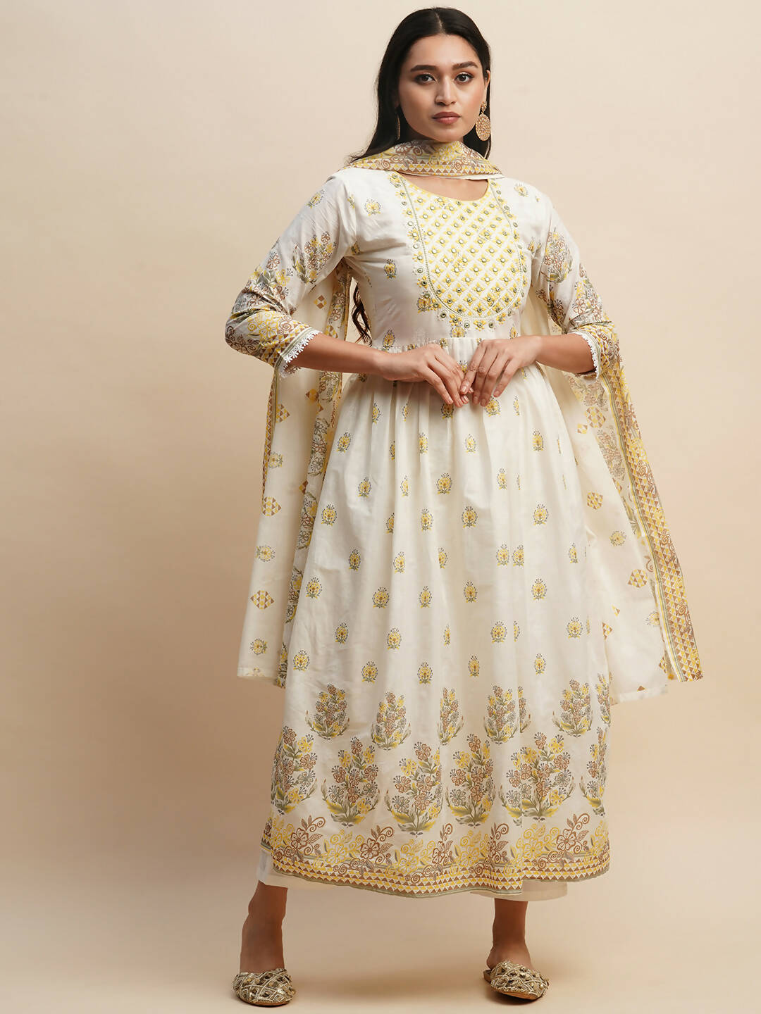 White And Yellow Pure Cotton Floral Printed Anarkali Kurta And Bottom With Dupatta - Akashara - Distacart