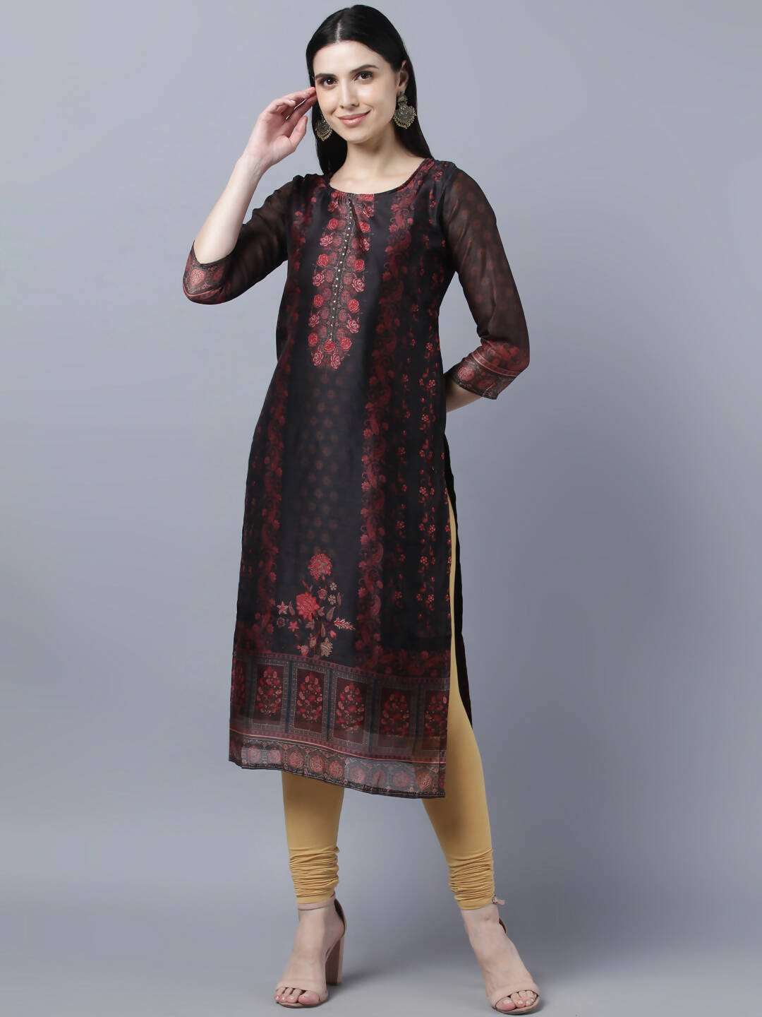 Myshka Women Black Red Floral Printed Chanderi Silk Kurta - Distacart