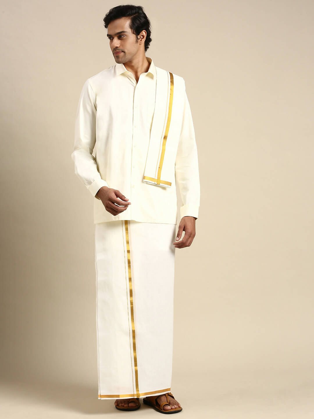 Ramraj Cotton Mens Premium Wedding Cream Dhoti with shirt Bit & Towel Set - Distacart