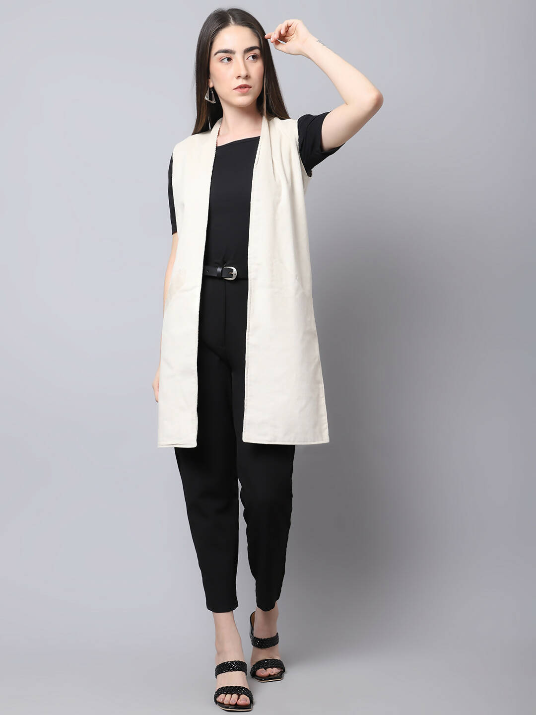 Even Apparels White Polywool Open Front Corduroy Women's Long Coat - Distacart