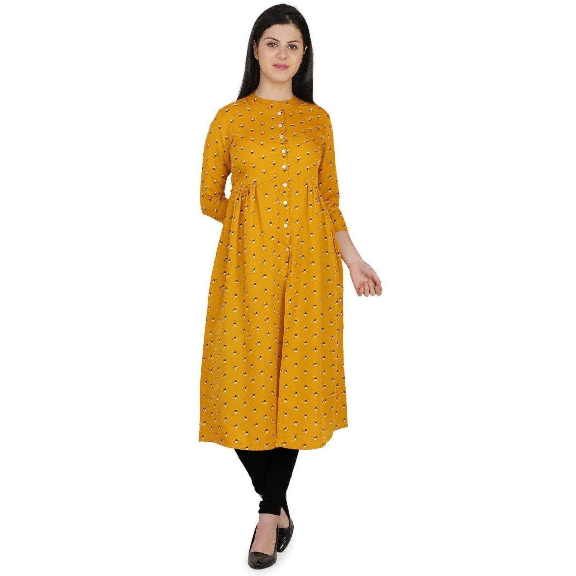 Kanoor Women's Yellow A line Round neck kurti