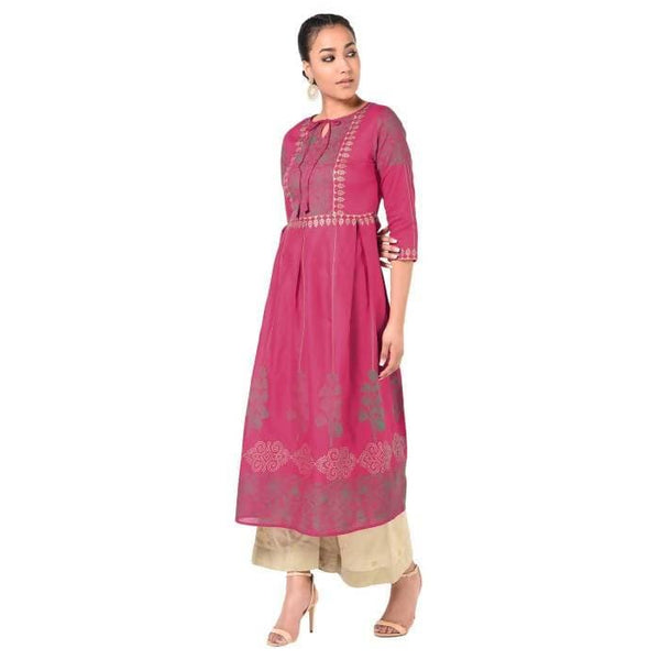 Aniyah Cotton Gold Print Flared Kurta Fuchsia (AN-163K)