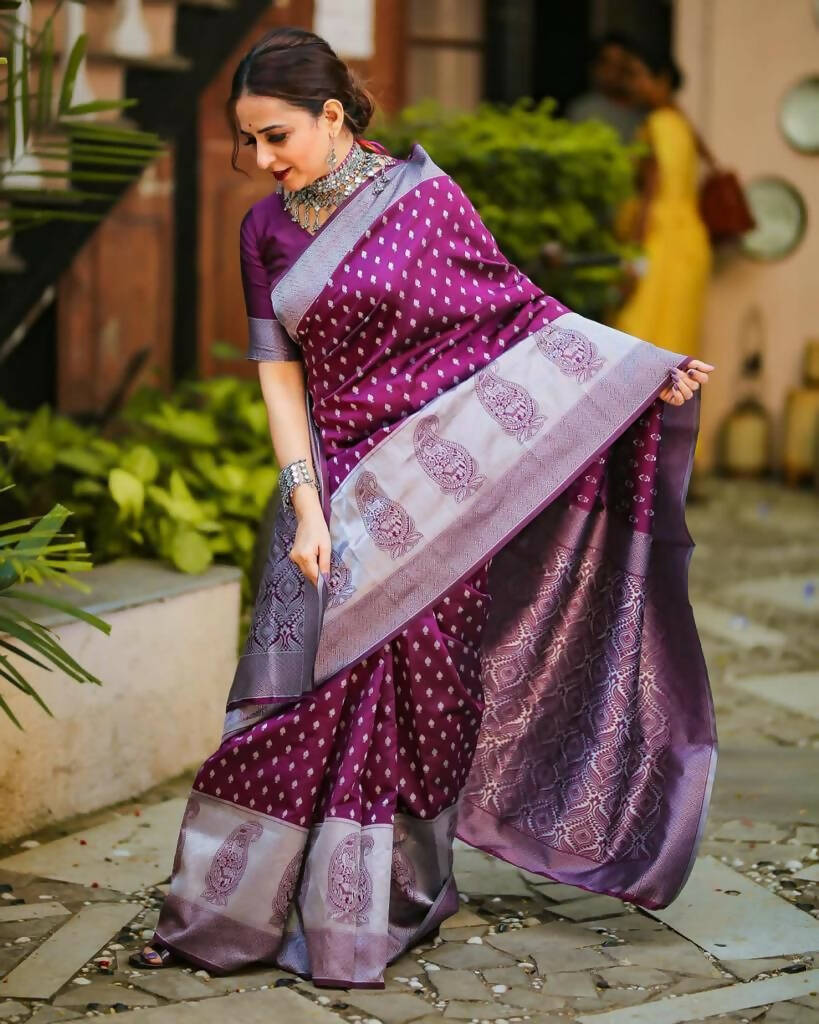 DEIANA'S Beautiful Golden Jari with New Design Soft Lichi Silk Saree - Wine - Distacart