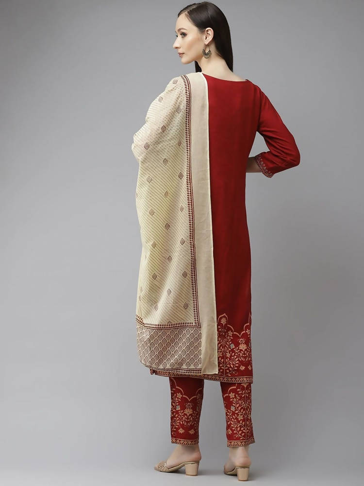 Yufta Women Maroon Ethnic Motifs Yoke Design Regular Thread Work Kurta with Palazzo & With Dupatta