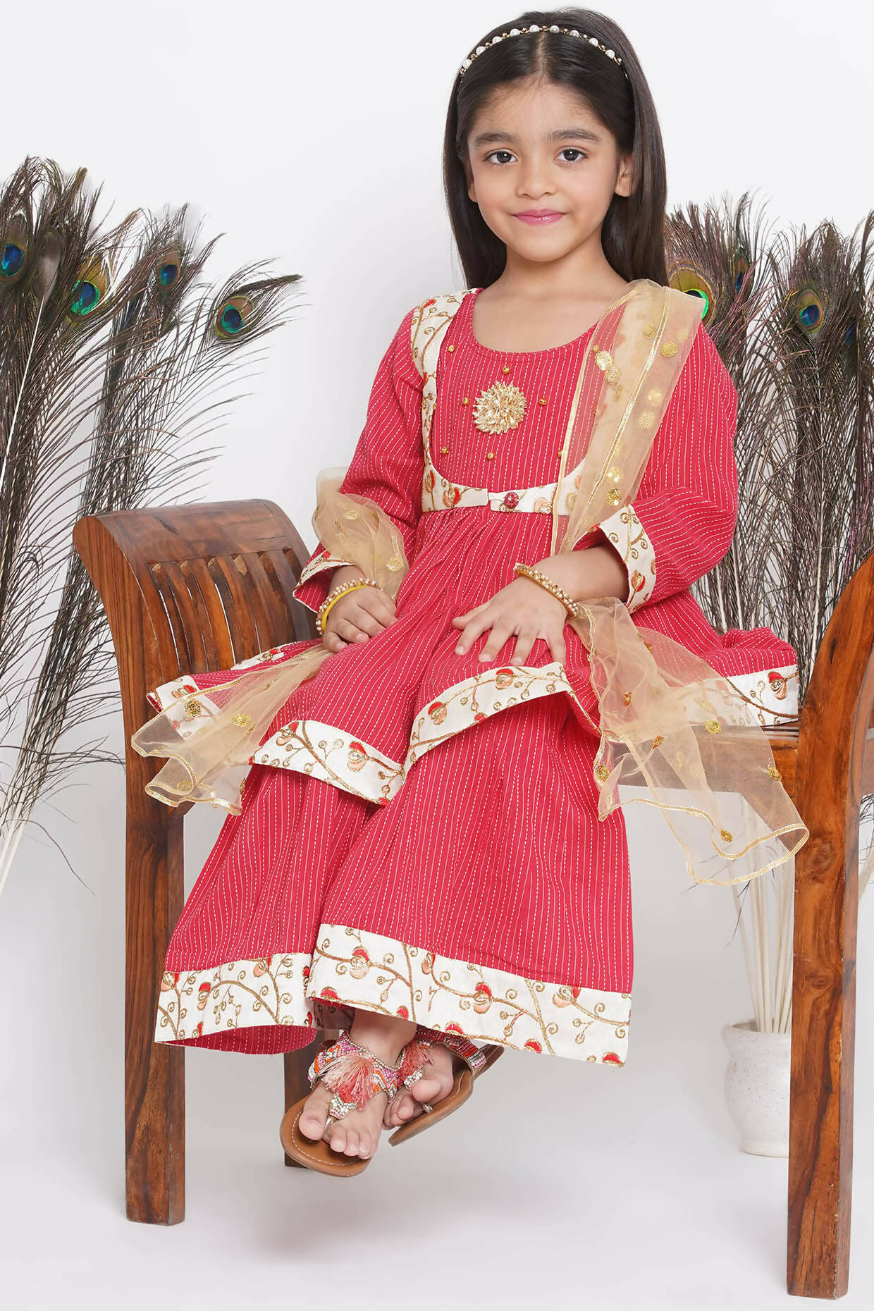 Little Bansi Floral Embroidery Jacket With Cotton Kantha Frock Sharara And Dupatta With Ghungroo Handwork - Red - Distacart