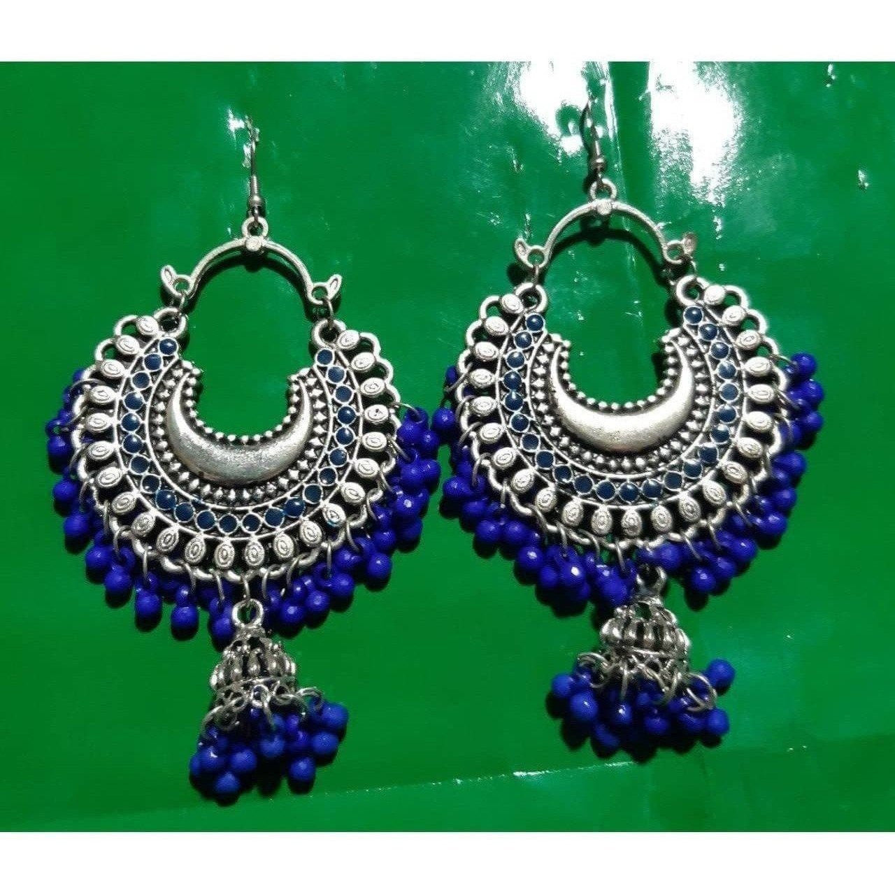 Fancy Blue Pearls Chandbali Jhumka Earrings