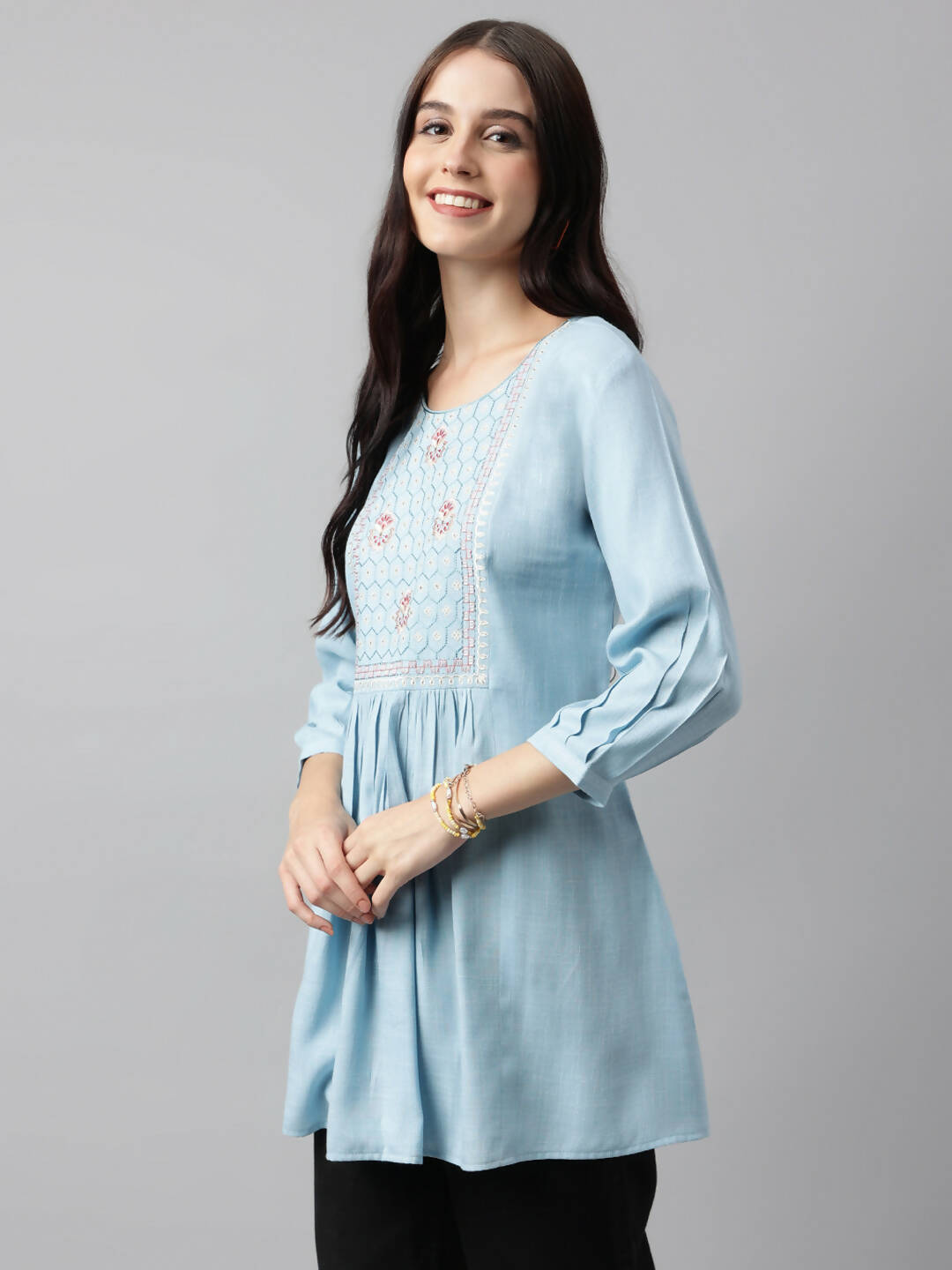 Light Blue Rayon Yoke Embroidered A-line Top - Tarini - Distacart
