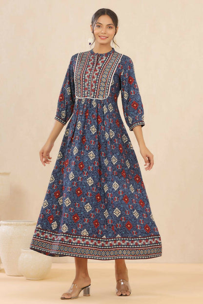 Juniper Womens Indigo Rayon Foil Printed Maxi Dress With Puff Sleeve - Distacart
