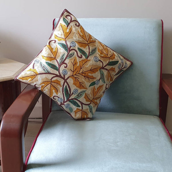 The Decor Nook Hand Embroidered Crewel Cushion Covers in Mustard & Chinar Leaf Motif with Off White Base - Distacart