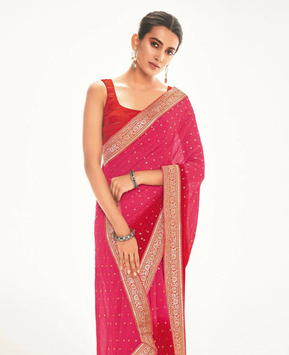 Pink Georgette Foil Printed Saree With Unstitched Blouse Piece - Nitya - Distacart