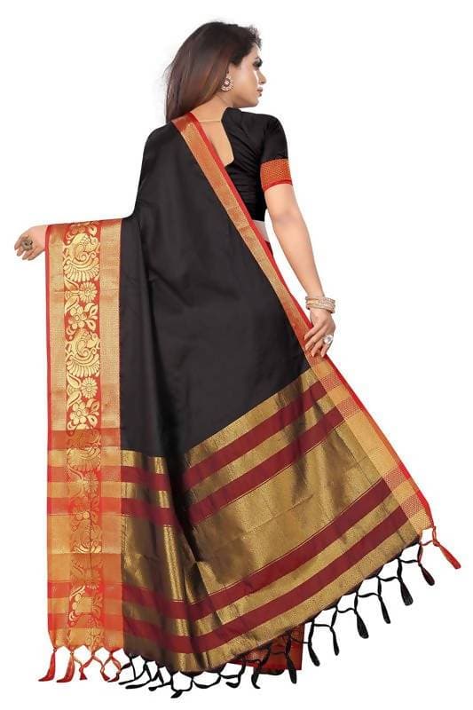 Vamika Banarasi Cotton Silk Weaving Black Saree (DOCTOR MOR BLACK)