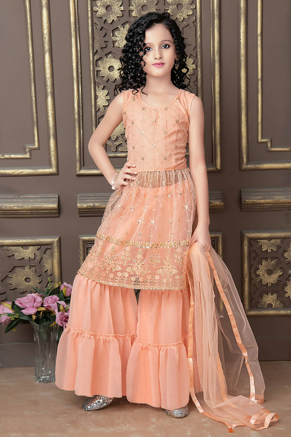Kids Wedding Designer Peach Pure Finest Soft Net Sharara Suit - Aaradhna - Distacart