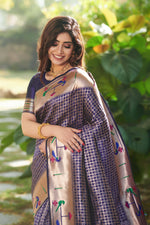 Thumbnail for Vishnu Weaves Women's Royal Blue Paithani Silk Minakari Zari Woven Saree with Unstitched Blouse - Distacart