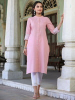 Thumbnail for Juniper Women's Pink Cotton Slub Embroidered Straight Kurta - Distacart