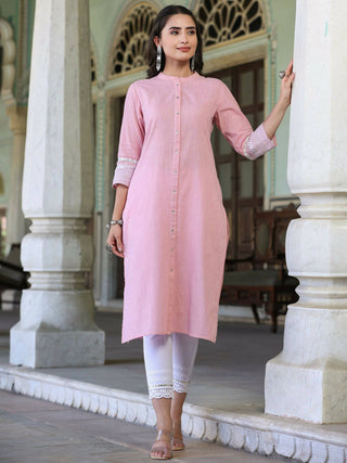 Juniper Women's Pink Cotton Slub Embroidered Straight Kurta - Distacart