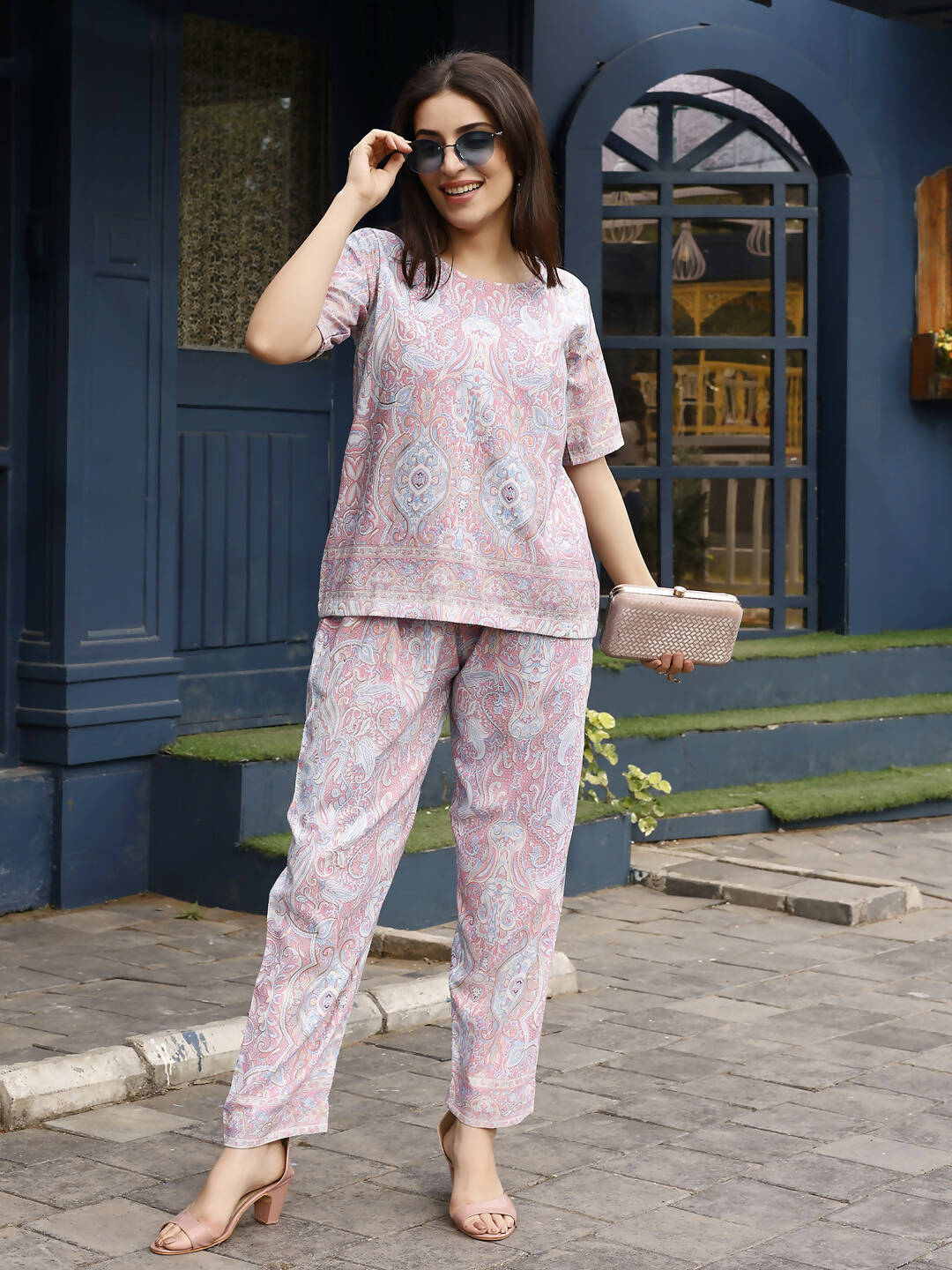 Pink Rayon Paisley Printed Top with Matching Bottom - Eesha - Distacart