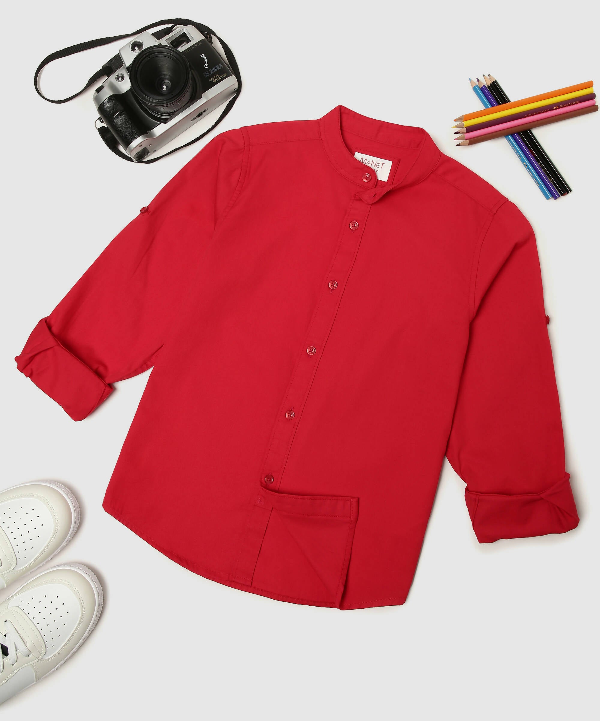 Manet Boys Mandarin Collar Full Sleeves Melange Shirt - Red - Distacart