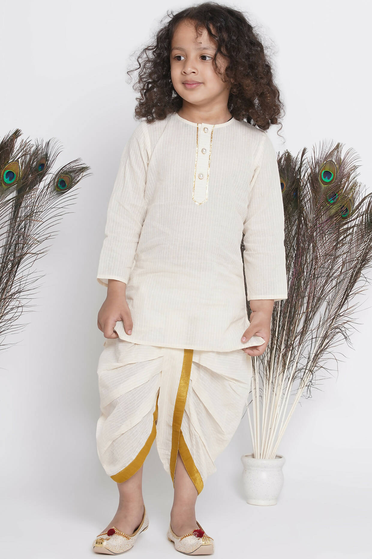 Little Bansi Banarsi Silk Blue Floral Embroidery Jacket With Cotton Kantha kurta And Kantha Dhoti - Cream - Distacart