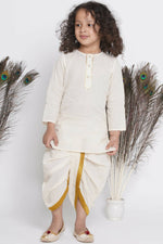 Thumbnail for Little Bansi Banarsi Silk Blue Floral Embroidery Jacket With Cotton Kantha kurta And Kantha Dhoti - Cream - Distacart