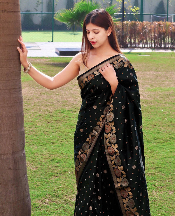 DEIANA'S Beautiful Golden Jari with New Design Soft Lichi Silk Saree - Black - Distacart