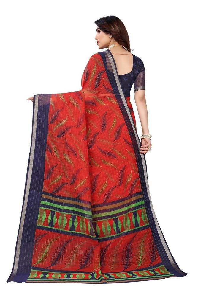 Vamika Red Linen Zari Border Printed Saree