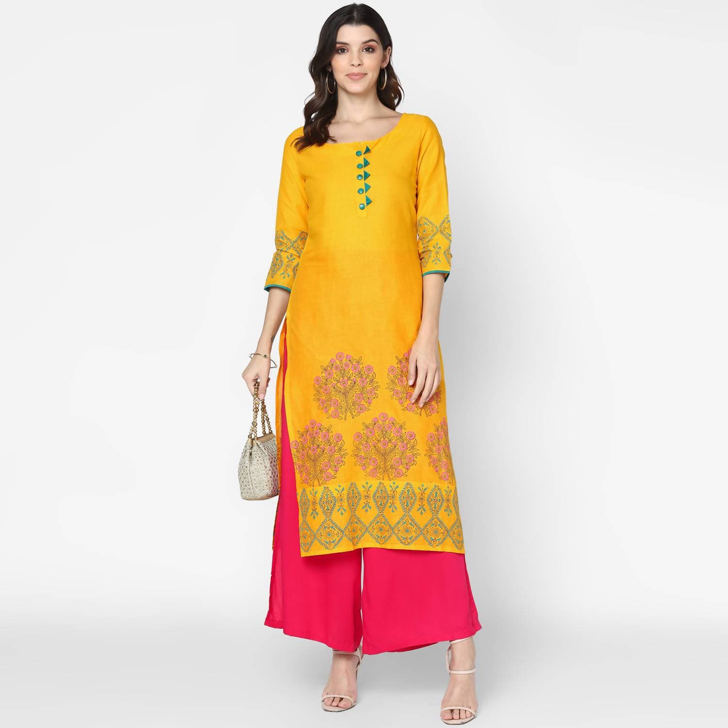 Cheera Hand Block Print Mustard & Magenta Straight Kurta With Palazzo (MAAI-078K)