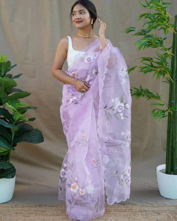 Vamsee Lavender Organza Saree - Distacart
