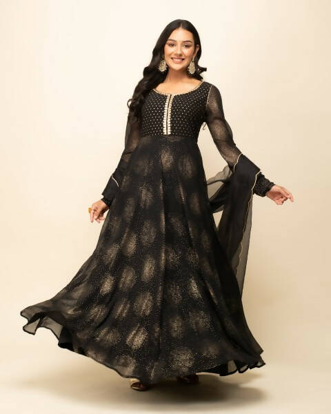 FIORRA Women's Black Georgette Flared Kurta With Dupatta - Distacart