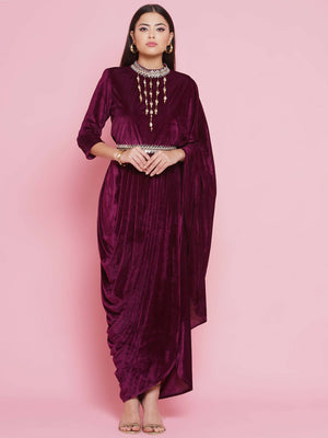 Women Republic Burgundy Velvet Kurta With Attached Neckalace,Belt And Pant - Distacart