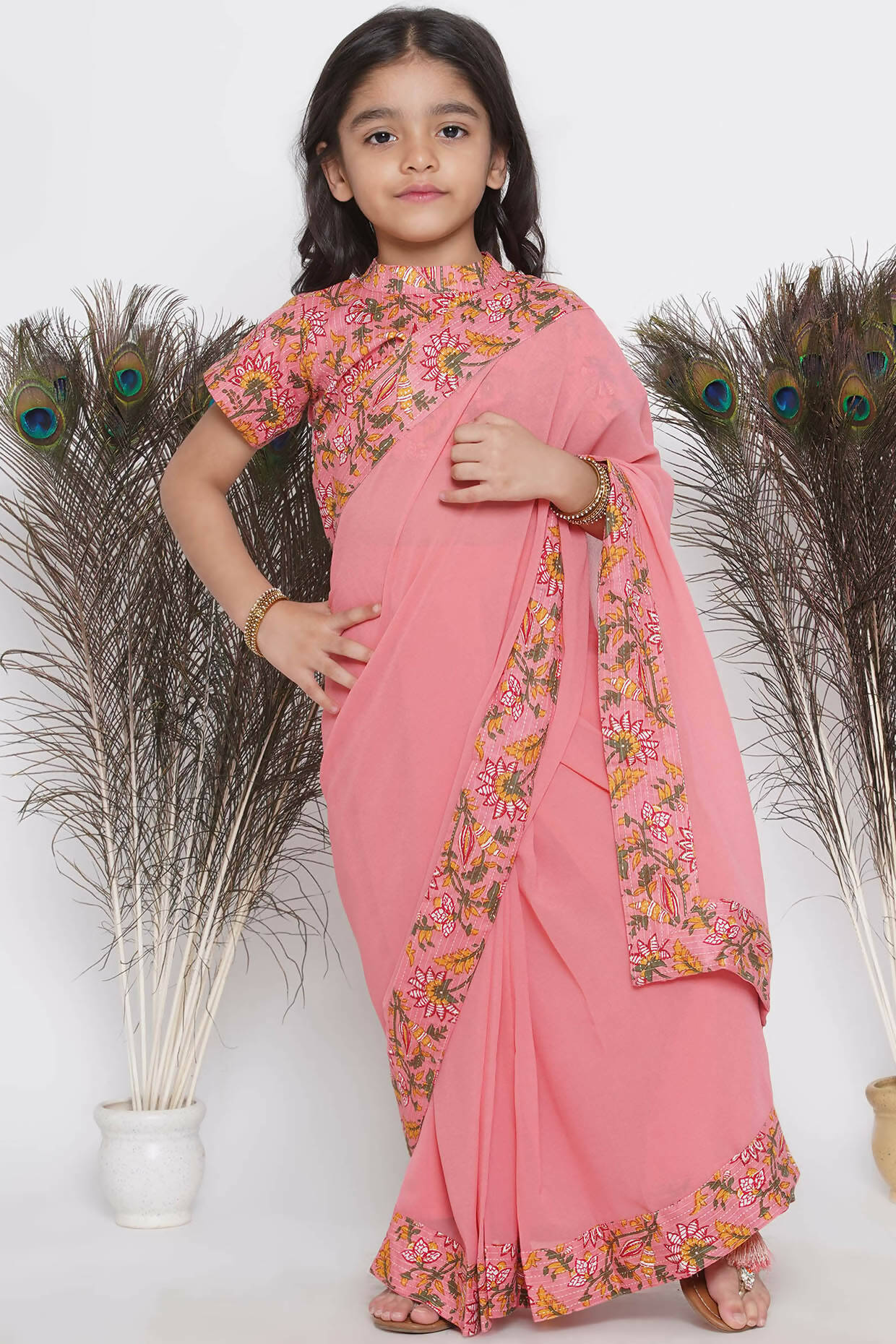 Little Bansi Floral Print Ready To Wear Saree And Floral Blouse - Coral - Distacart