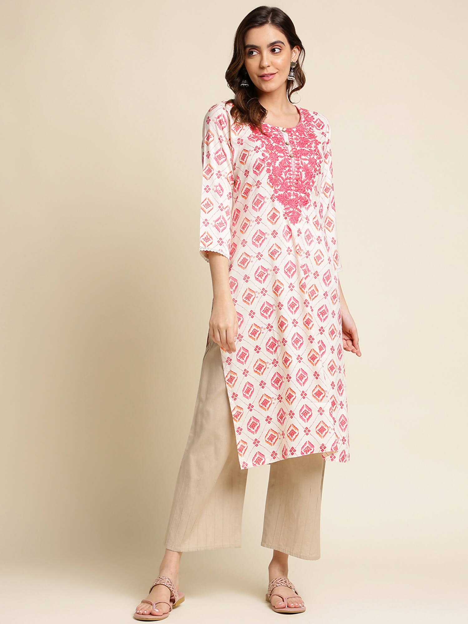 Pink Poly Rayon Aztec Printed Straight Fit Kurta - Prasuti - Distacart