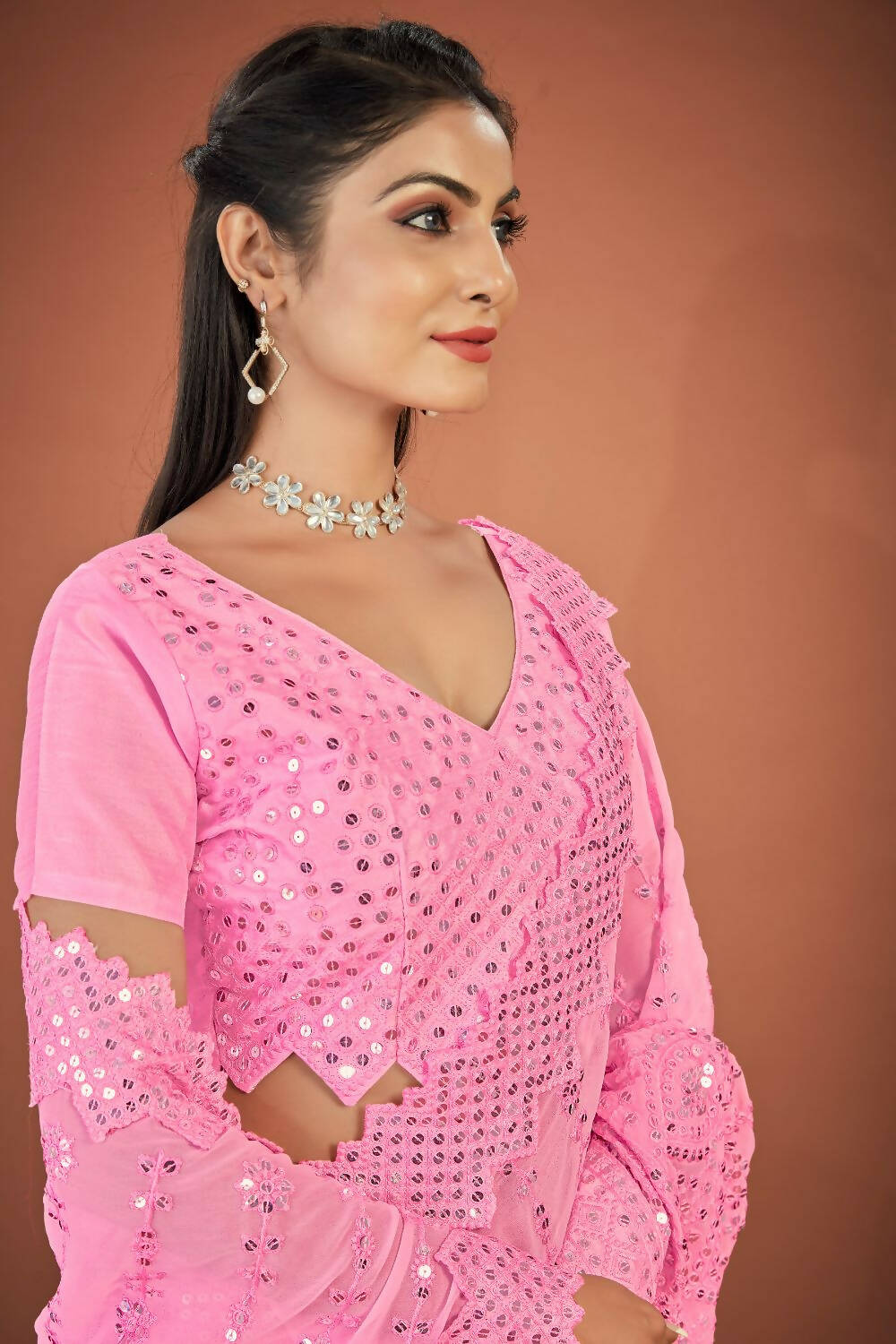 Vastrasky Pink Georgette Designer Saree - Distacart