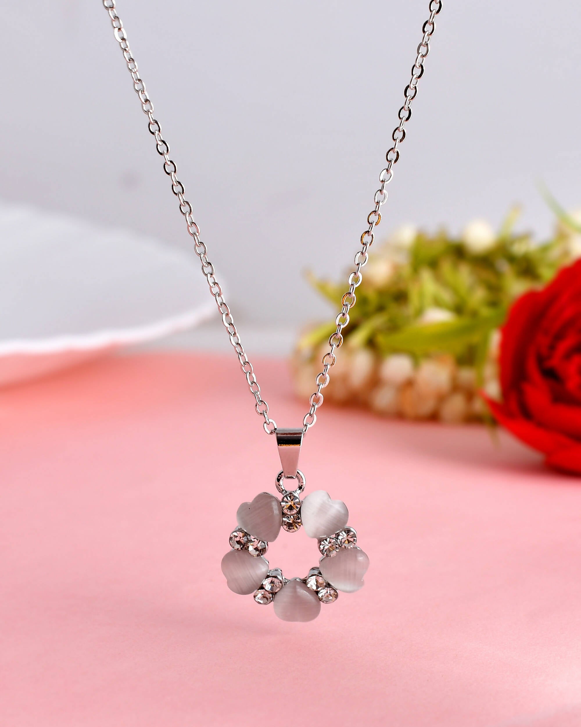 VOJ Women Beads Stainless Steel Sliver-Plated Chain with Heart-Shape Pendant - Distacart