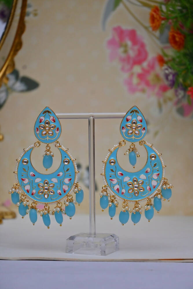 Gold Plated Brass & Pearl Dangle Women Blue Hand Painted Meenakari Chandbali Earrings By House of Ree - Distacart